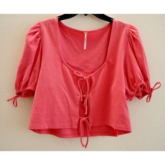 Free People OB1369457 Women's Sz L Velvet Rose Pink Kitty Tie Front Cropped Tee - Picture 3 of 8